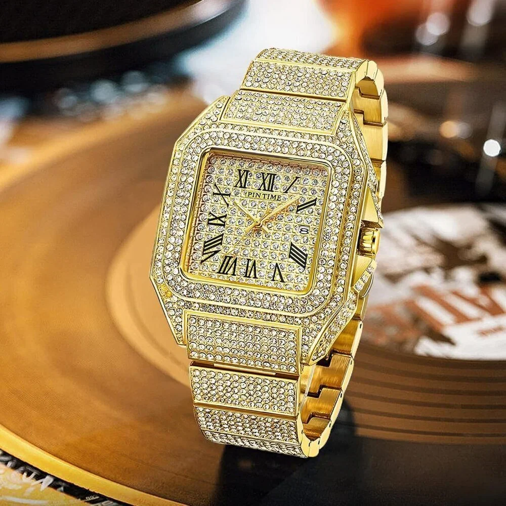 Men's Gold Crystal Bling Rectangle Case Stainless Steel Quartz Analog Watch